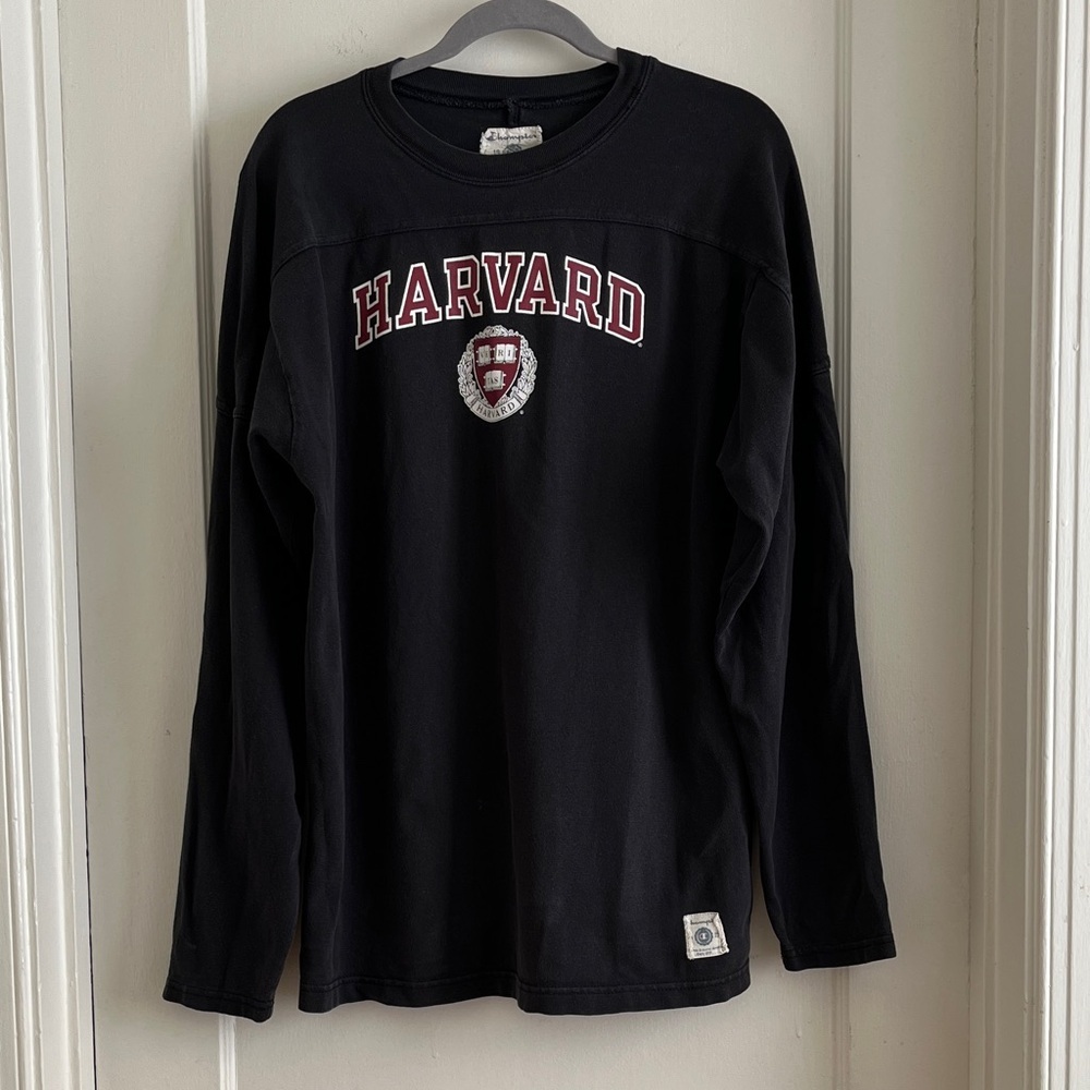 90s / Y2K Distressed Harvard Elbow Patch Pullover Sweatshirt Black Long Sleeve